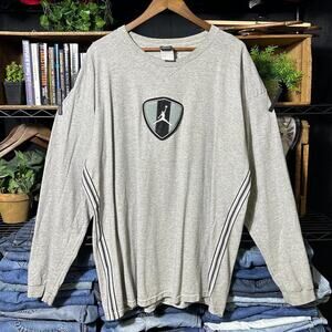 Vintage 90s Jordan Shield Patch Long Sleeve Tee Men 2XL Black Grey Striped Shirt